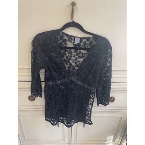 Black Hanky Panky Lace‎ 3/4 Sleeve V Neck Blouse Small